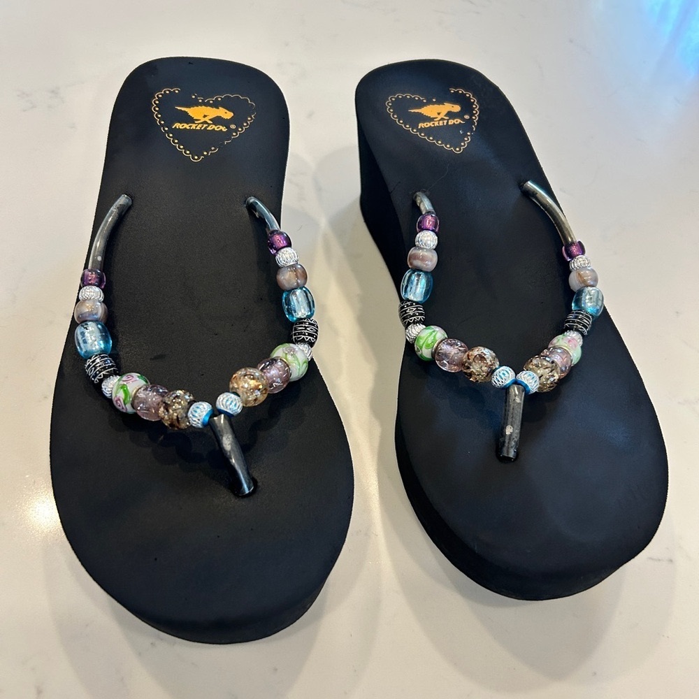 Rocket Dog Black Wedges with Colorful Beaded Straps